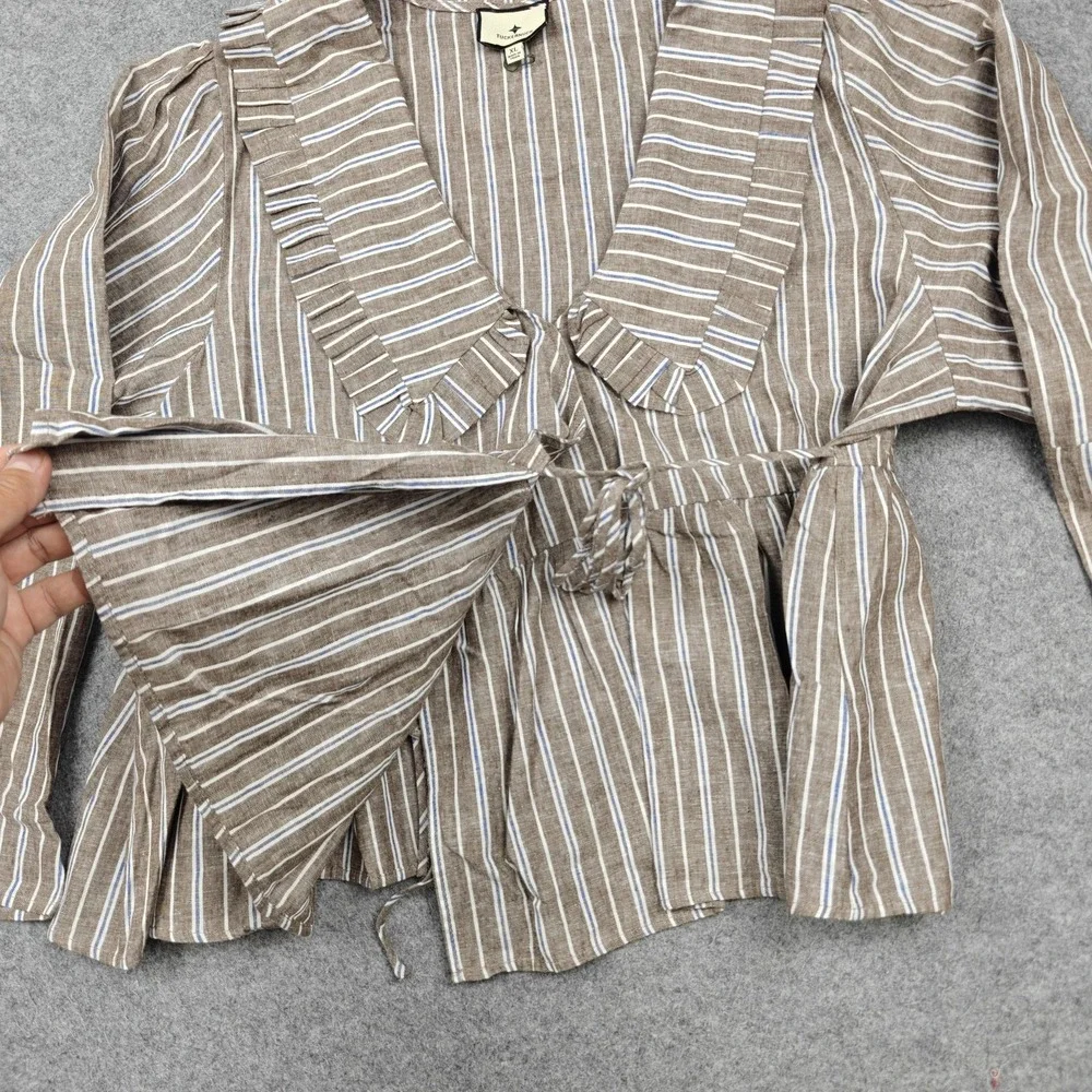 Tuckernuck Blouse Womens XL Brown Stripe Ruffle V Neck Tie Waist Peplum Top - Picture 4 of 11
